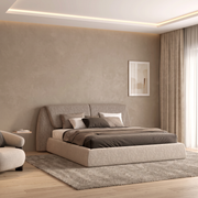 Louvera upholstered bed in textured beige fabric in a bright bedroom